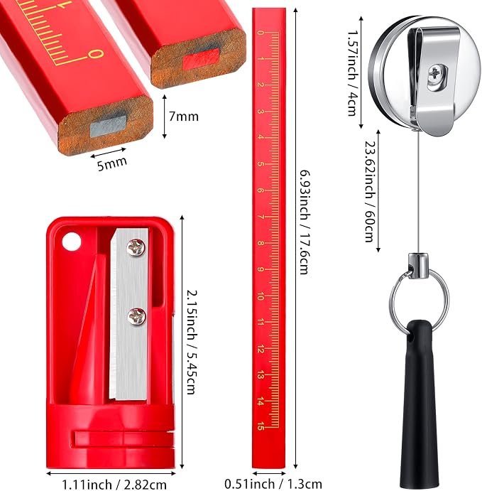 Honoson 24 Pcs Carpenter Pencil with Sharpener,Red and Black Refill | Construction Pencils for Jobsite, Octagonal Flat Design Prevents Rolling, Black Refill Clear Marking, Retractable Pen Holder