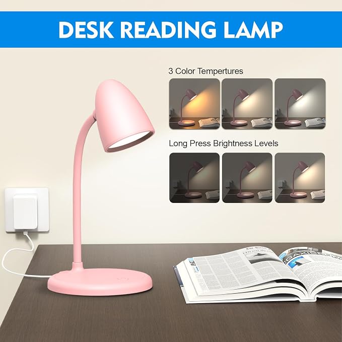 LED Desk Lamp for Home Office,Dimmable Table Lamp 3 Light Colors | Reading Light for Bedside Small Desk Lamp for College Dorm Room,Bedroom Desk Light Pink