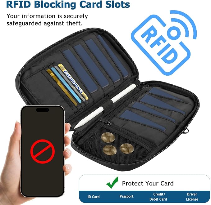 MoKo Family Passport Holder for 8, RFID Blocking Wallet with Airtag Hole | Passport Travel Wallet with Airtag Hole & Shoulder Strap, Travel Documents Organizer for Tickets, Cards, Cash, Keys, Black