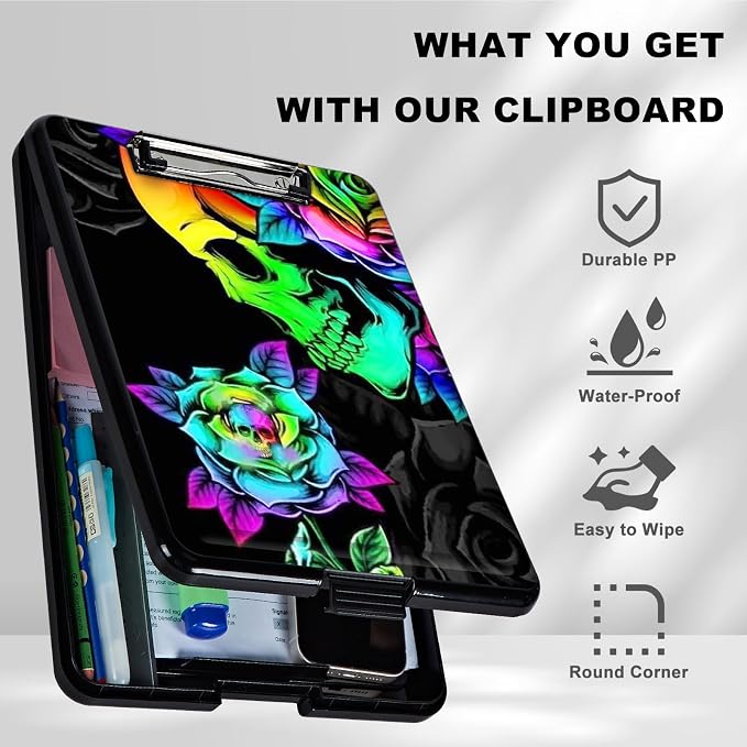Plastic Storage Clipboard with Low Profile Clip, Heavy Duty Foldable Nursing Clipboard Case for Work, Teacher, Office School Supplies, Colorful Skull Rose Flower