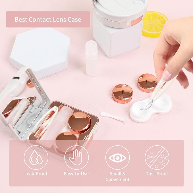 Contact Lens Case, 2 Pack Cute Portable Eye Contacts Travel Box with Mirror Colored Lenses Applicator Remover Tool Kit Solution Bottle for Daily Makeup Office Outdoor (Rose Gold Marble)