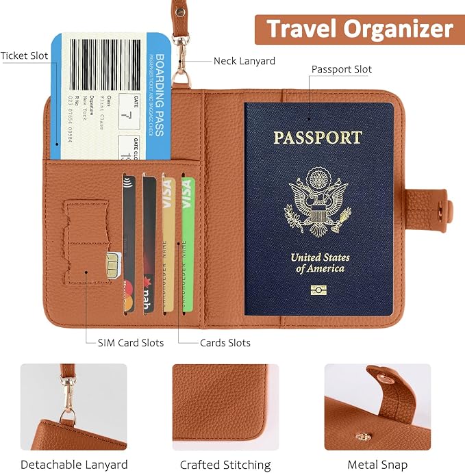 Passport Holder RFID Protected Wallet and Luggage Tag with Protection Cover Travel Accessories Leather Card Case Organizer for Women Men (Brown)