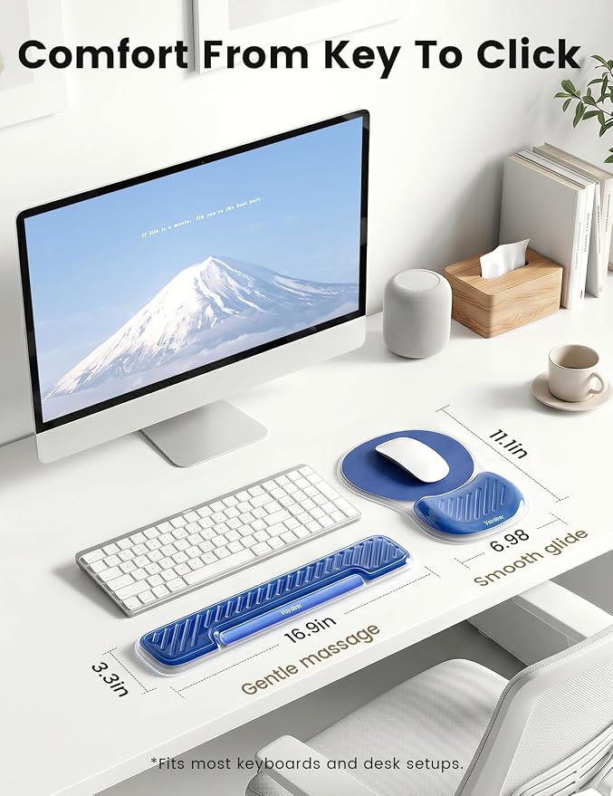 Vaydeer Ergonomic Gel Keyboard Wrist Rest and Mouse Pad with Wrist Rest Set | Cooling Gel Wrist Support for Comfortable Typing, Gaming and Remote Work with Non-slip Base for Stable Desk Use, Blue