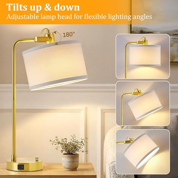 24‘’ Gold Table Lamp Set of 2 with USB A and C Ports, 180° Adjustable Stepless Dimming Bedside Lamps for Night Stands, E26 Bare Bulb Compatible, Industrial Nightstand Lamp, 9W LED Bulb Included