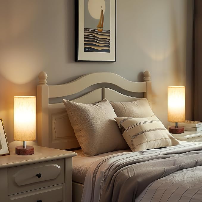 Table Lamps Set of 2 （Cream Shade - Walnut Base, 11.6" Inline Control） | Bulb not Included | Small Lamps for Bedroom | Desk Lamp for Reading | for Living Room | for Dorm | Linen Shade