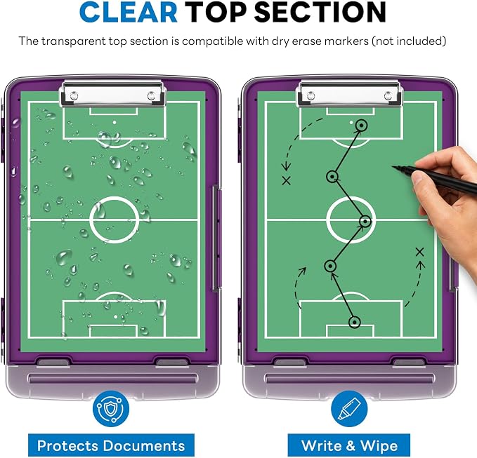 Clipboard with Storage and Pen Holder, Deep Purple 8.5 x 11'' Folder Side Open, Heavy Duty with Dual Compartment, Clear Dry Erase for Coach, Size 14.5 x 9.8 x 1.5'', Office & School Supply