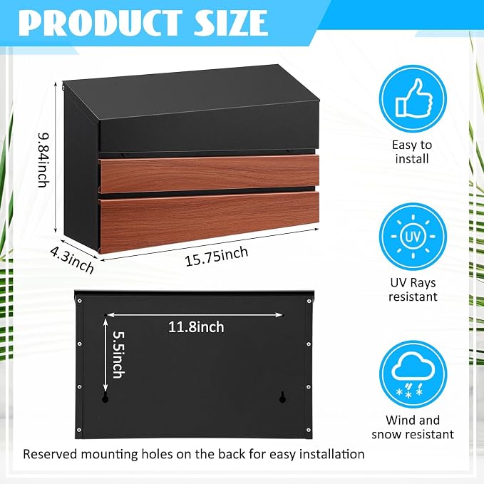 Yaocom Wall Mount Mailbox Large Capacity Mailbox for Outside Galvanized Steel Rustproof Metal Mail Drop Post Modern Collection Box Postbox 15.75" x 9.84" x 4.33", No Key Locking (Wood Color,No Flag)