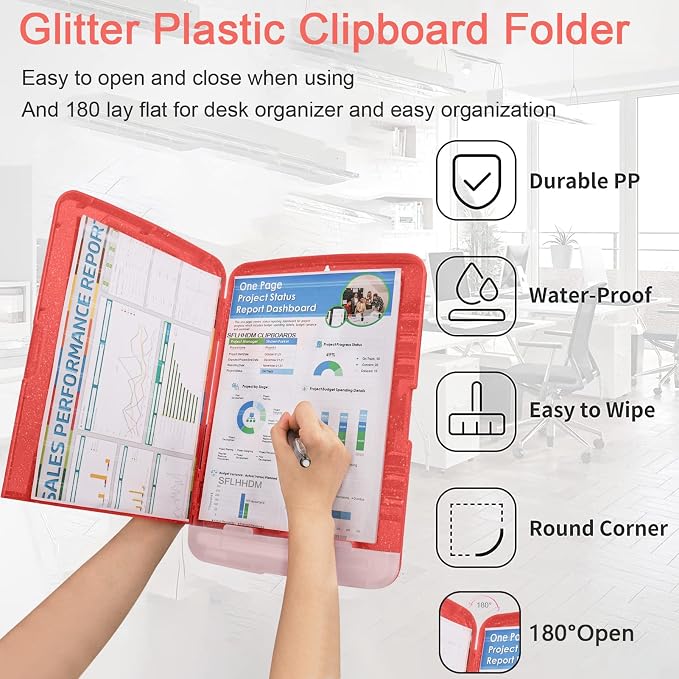 Glitter Clipboard with Storage,Storage Clipboard with Pen Holder,A4 Binder Clip Boards 8.5x11 with Low Profile Clip,Side Opening Sparkle Clipboards,Clipboards Folder for Office Supplies-Grapefruit Red