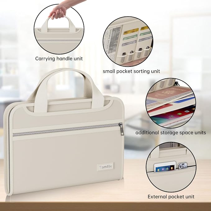 Tamfile Fireproof Accordion File Organizer, Expanding File Folder, Beige | 13 Pocket Colorful, Handle, Zipper & Labels, Multi-Pockets Paper Organizer, for Letter A4 Files, Home, Office, School