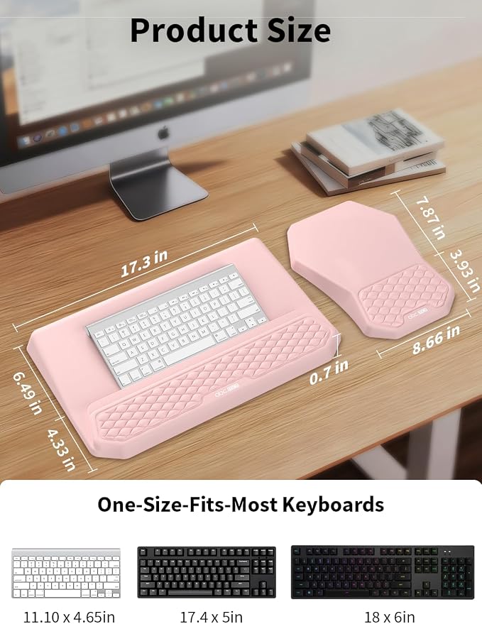 3-in-1 Ergonomic Keyboard Stand with Wrist Rest & Mouse Pad Set, Pink | Comfy Keyboard Riser Holder Soft Mousepad with Massage Design, Memory Foam and Non-Slip PU Base for Pain Relief