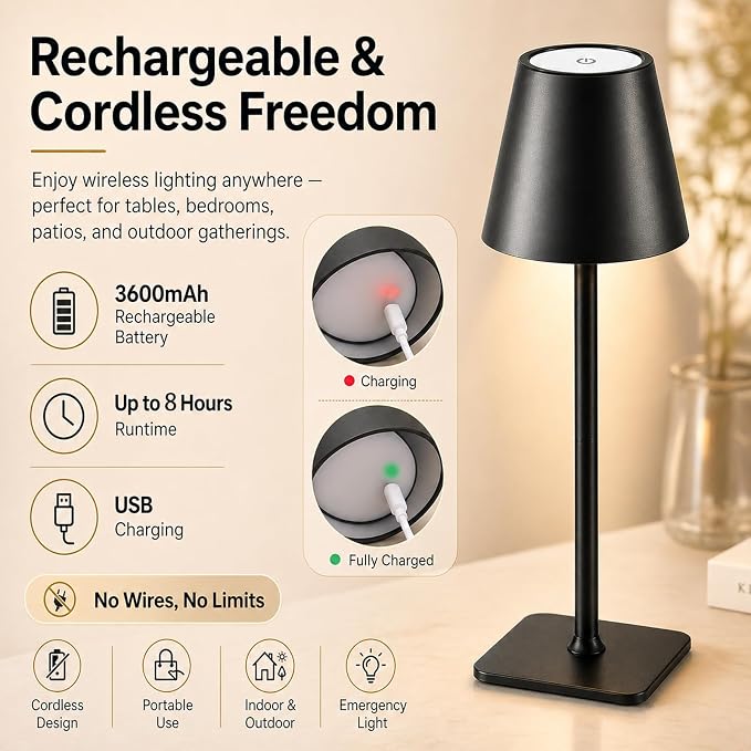 Cordless Table Lamp 2 Pack, Rechargeable LED Ambient Lamp with Up to 54H Runtime, Portable Minimalist Lighting for Bedroom, Restaurant, Bedside & Dining Table, Stepless Dimming (2, Black)