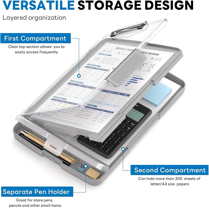 Clipboard with Storage and Pen Holder, Gray 8.5 x 11'' Folder Side Open, Heavy Duty with Dual Compartment, Clear Dry Erase for Coach, Size 14.5 x 9.8 x 1.5'', Office & School Supply