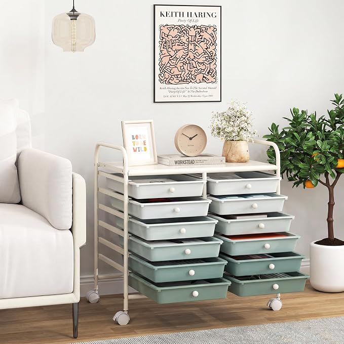RELAX4LIFE 12-Drawer Rolling Storage Cart - Mobile Utility Cart on Wheels for School Classroom Teacher Office Salon, Paper File Art Supply Craft Organizer, Rolling Cart with Drawers (Gradient Green)