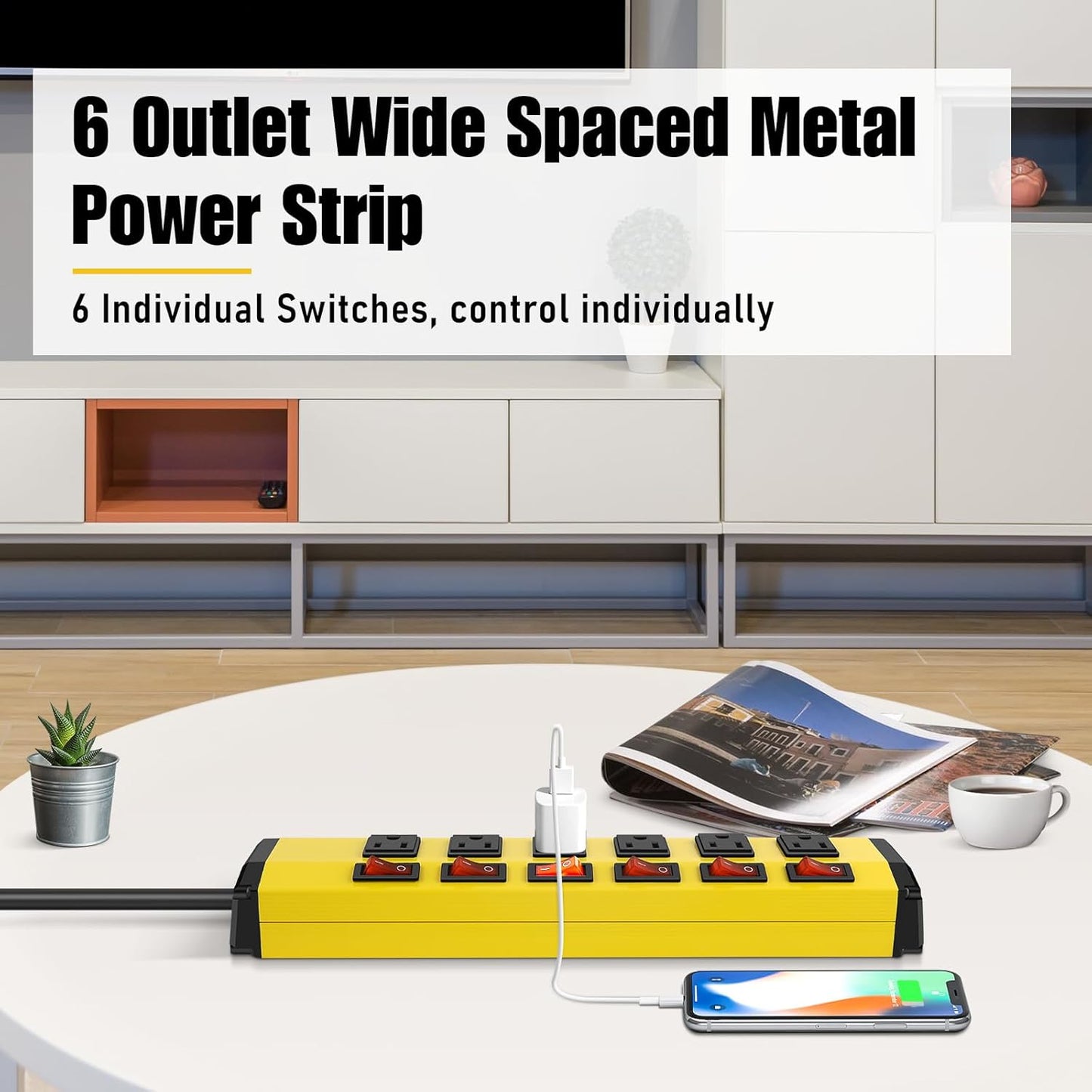 ANNQUAN 6 Outlet Metal Power Strip with 6 Individual Switches,Heavy Duty Power Strip 1200J 15A 25FT Cord Home Office Industrial Commercial Shop