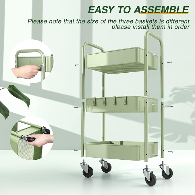 LEHOM 3 Tier Rolling Cart, Metal Rolling Utility Cart with Lockable Wheels | Multi-Functional Heavy Duty Storage Cart Organizer for Bathroom, Kitchen, Office, Living Room, Rolling Storage Trolley