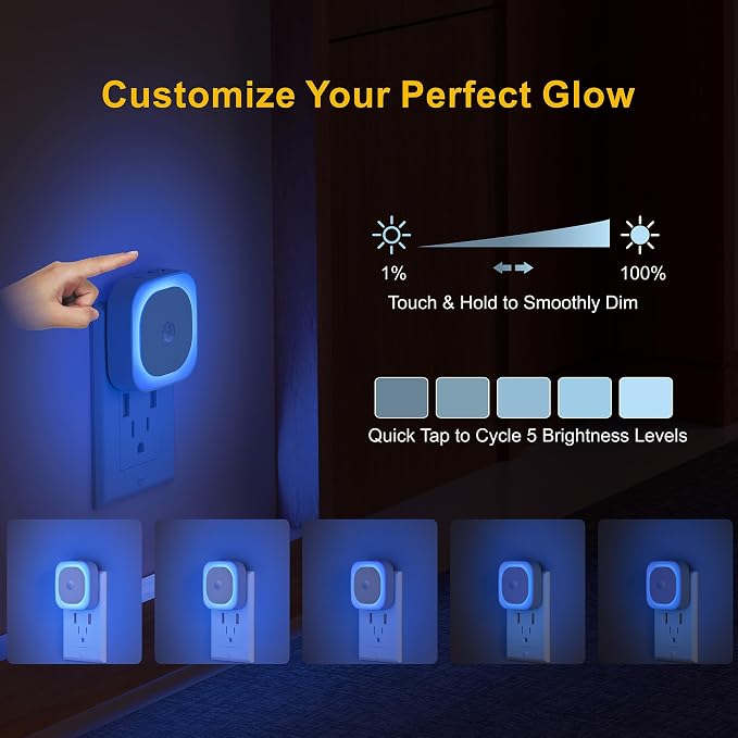 YUNLEX 2 Pack Plug in Night Light with Motion Sensor & Dusk to Dawn Sensor, 3 in 1, Auto ON/Off, Dimmable, Night Lights Plug into Wall for Bathroom, Kitchen, Light Blue