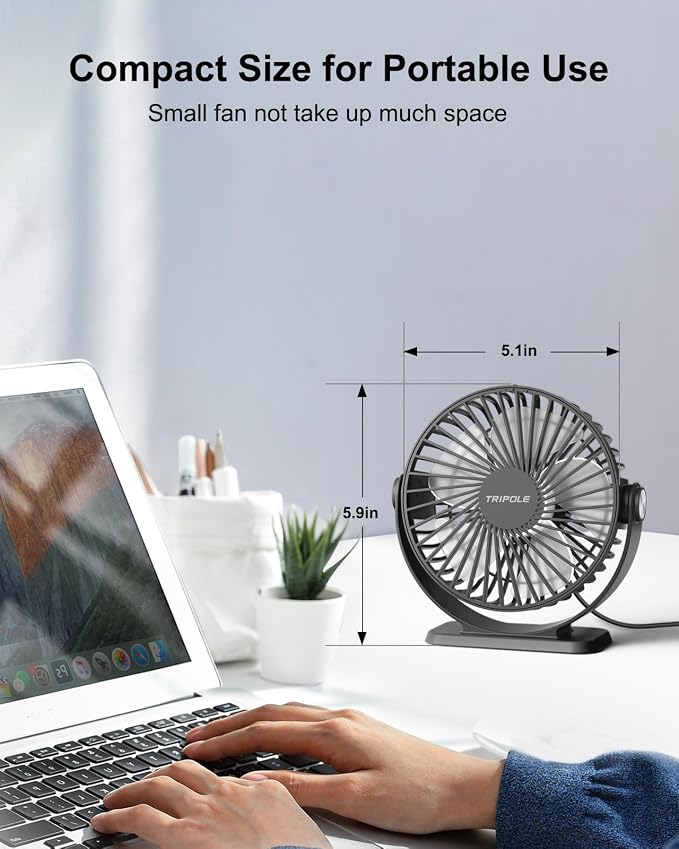TriPole Small Desk Fan USB Powered Mini Portable Fan 360°Rotation, 5.1 Inch | 3 Speeds Plug In USB Desk Fan, Strong Airflow, Small Quiet Personal Fan for Home Office Bedroom Hotel Travel, 4.9ft Cable