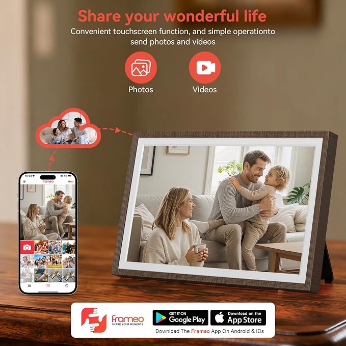 Frameo Wood 10.1 inch Digital Picture Frame, Smart WiFi Digital Photo Frame with 32G Memory, HD Touch Screen, Auto-Rotate, Slideshow, Easy Setup, Share Photos and Videos Anywhere(Brown Wood)