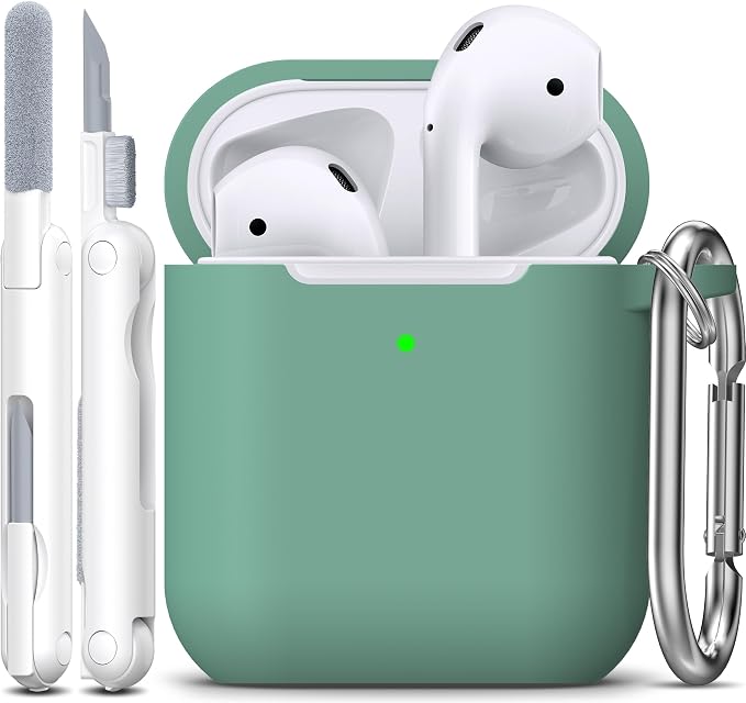R-fun for AirPods 1/2 Case, Soft Silicone Protective Cover with Keychain and Cleaning Pen, Compatible with AirPods 2nd/1st Generation (2016/2019), Full Drop Protection Cover, Pine Green