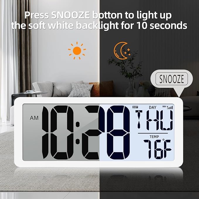 Atomic Clock with Backlight 15.0" Digital Wall Clock Battery Operated Atomic Wall Clock Digital Alarm Clock with Day Date & Temperature for Wall Office Bedroom Living Room