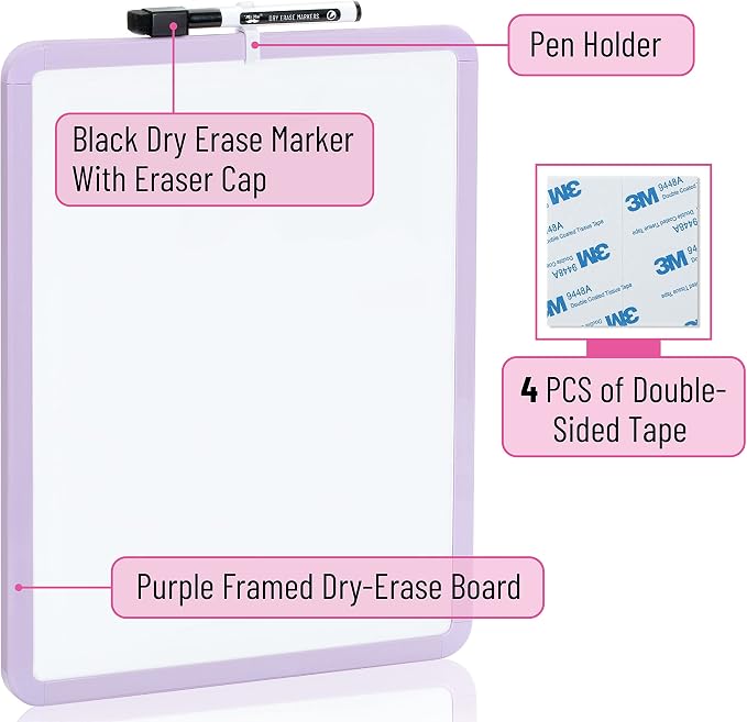 Mr. Pen- Dry Erase Board, 14” x 11” with a Black Dry Erase Marker | Purple Frame, Small Mini White Board for Students, Fridge, Wall, Locker, Includes Double Sided Tapes