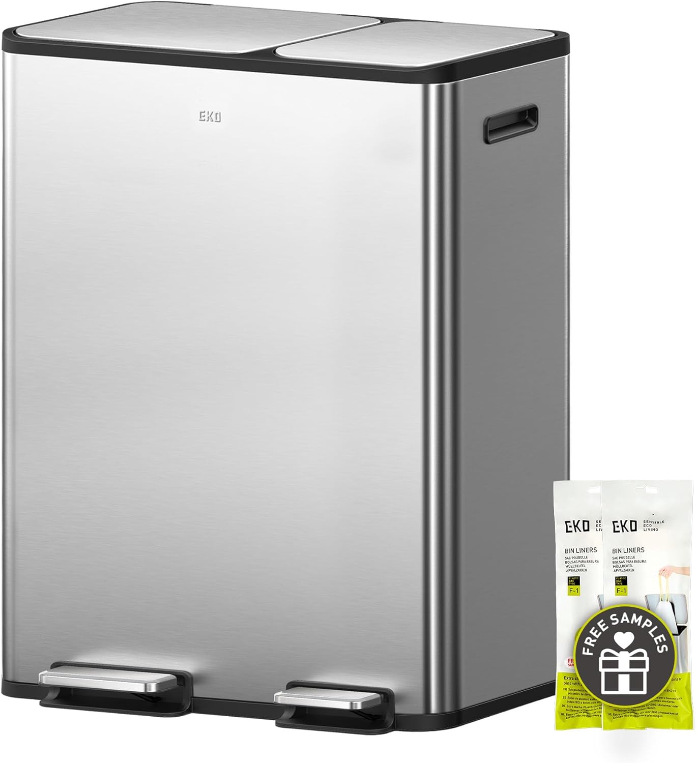 EKO EcoCasa Stainless Steel Dual Step Trash Can for Recycling, 30L+20L Rectangular Kitchen Trash Can, Independent Pedals and Lids, Soft Close and Fingerprint Resistant