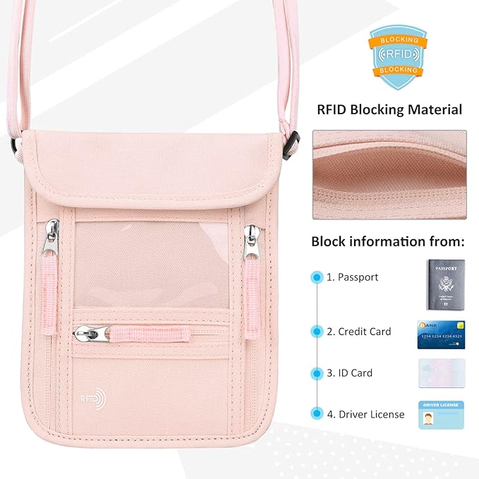 WALNEW Passport Holder Neck Pouch Travel Wallet for Women and Men, RFID Blocking Security Slim Traveling Wallet with Around Neck Lanyard Strap, Pink | Around Neck Lanyard Strap, Travel Safety Anti Theft Bag, Neck Wallet for Traveling Women