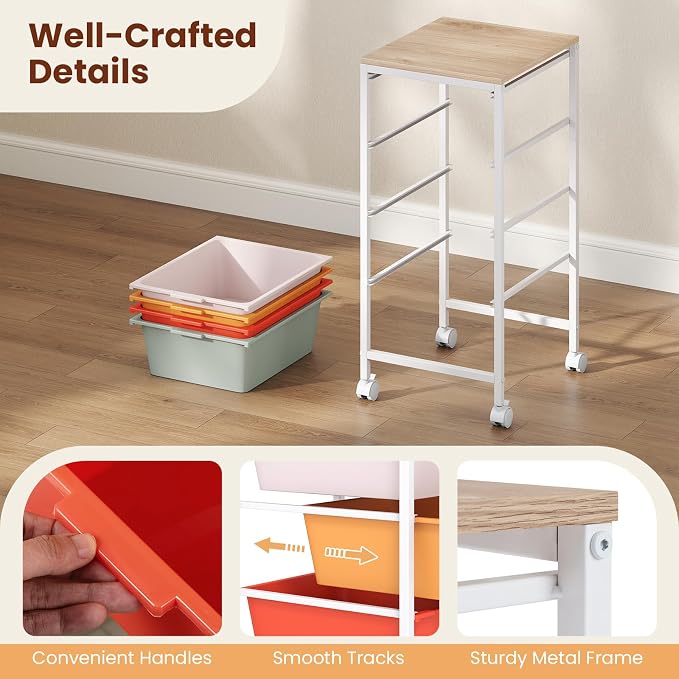 Giantex Rolling Storage Cart with 4 Drawers, Utility Cart w/Wooden Tabletop, Lockable Wheels, Multipurpose Organizer for Art Craft Scrapbook Paper, Drawer Carts for Dorm Classroom Office, Macaron