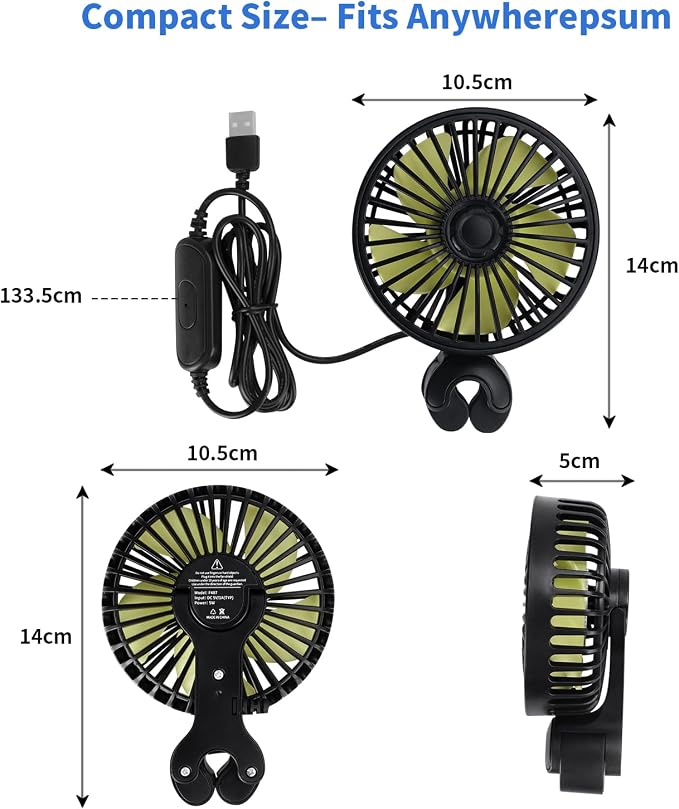 Kwak's Car Fan for Back Seat Clip-on USB, 3-Speed Quiet Portable | 55" Long Cord|Built-in Fragrance Slot|5 Quiet Blades| Reversible Mount| fits Headrest Rods|for Car/Office/Home.