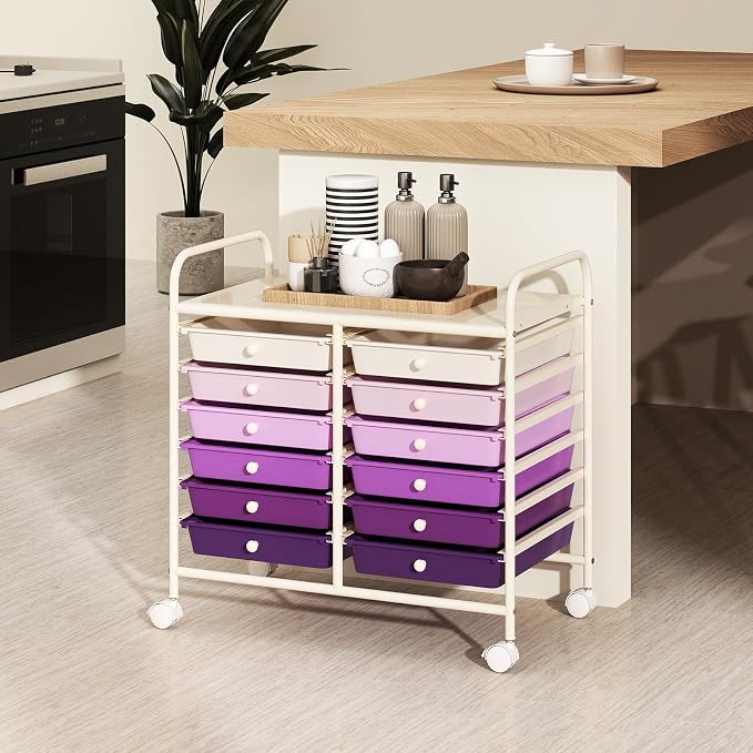 RELAX4LIFE 12-Drawer Rolling Storage Cart - Mobile Utility Cart on Wheels for School Classroom Teacher Office Salon, Paper File Art Supply Craft Organizer, Rolling Cart with Drawers (Gradient Purple)