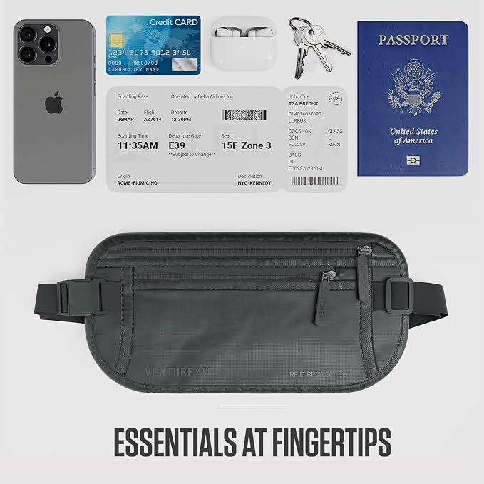 VENTURE 4TH Travel Money Belt, RFID Blocking Passport Holder - Sleek Gray