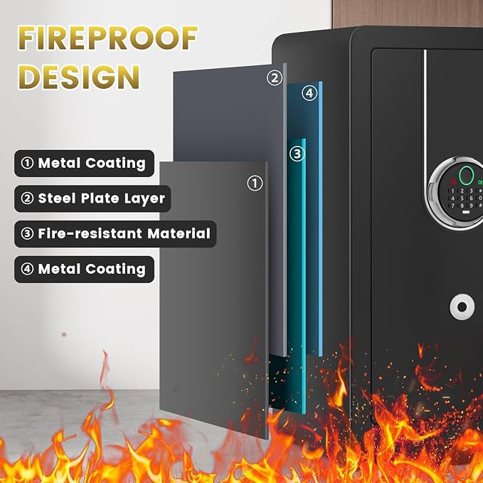6.6 Cu Ft Fireproof Biometric Safe for Home Office | Large Heavy Duty Safe Box with Fingerprint & Keypad, Document Safe with Hidden Compartment, Anti-Theft Alarm, Fireproof Bag