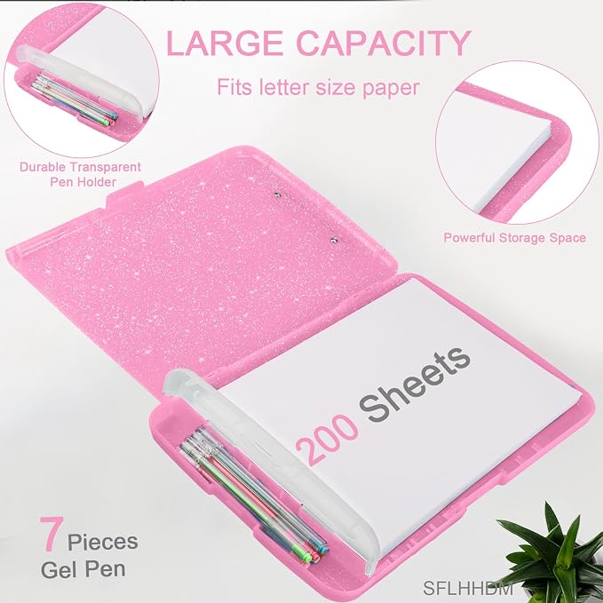 Glitter Clipboard with Storage,Storage Clipboard with Pen Holder,A4 Binder Clip Boards 8.5x11 with Low Profile Clip,Side Opening Sparkle Clipboards, Clipboards Folder for Office Supplies-Rose Pink