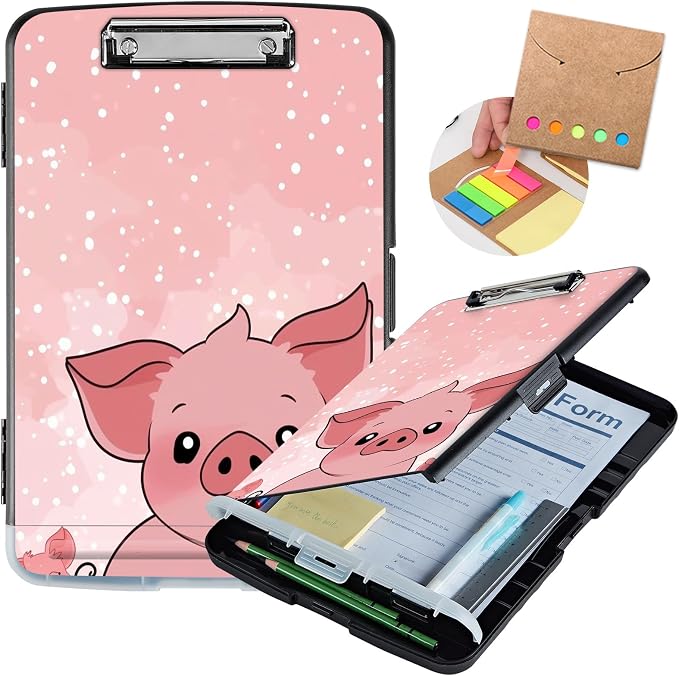 Clipboard with Storage,Storage Clipboard with Pen Holder,Heavy Duty Plastic Storage Clipboard with Low Profile Clip,Teacher Must Haves,Clipboard Folder,Office Supplies,Cute Pink Pig -1348