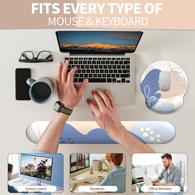 Mouse Pad Wrist Support, Ergonomic Memory Foam Keyboard Wrist Pad & Gel Wrist Rest Set for Computer Keyboard for Easy Typing & Pain Relief for Office & Home (Leafy Lushness Set)