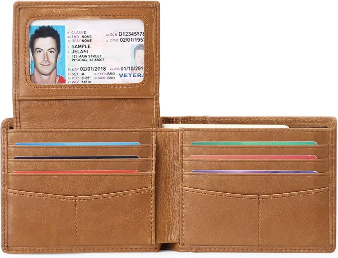 Wallet for Men Genuine Leather RFID Blocking Bifold Wallet With 2 ID Windows (Khaki)