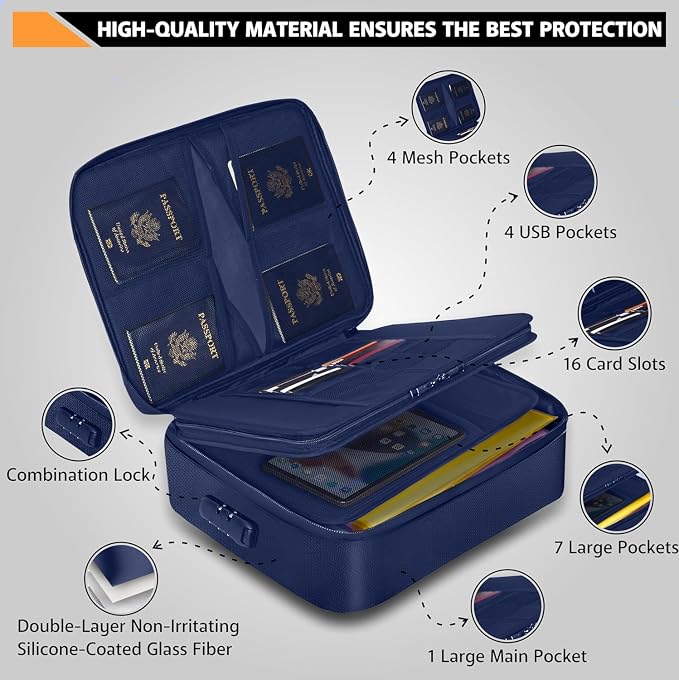 Fireproof Document Bag with Lock - 5200°F Heat Resistant & Waterproof Document Bag with 3 Layers, Portable Fire Proof File Box for Documents, Laptop, Passports & Certificates - Home & Travel (Blue)