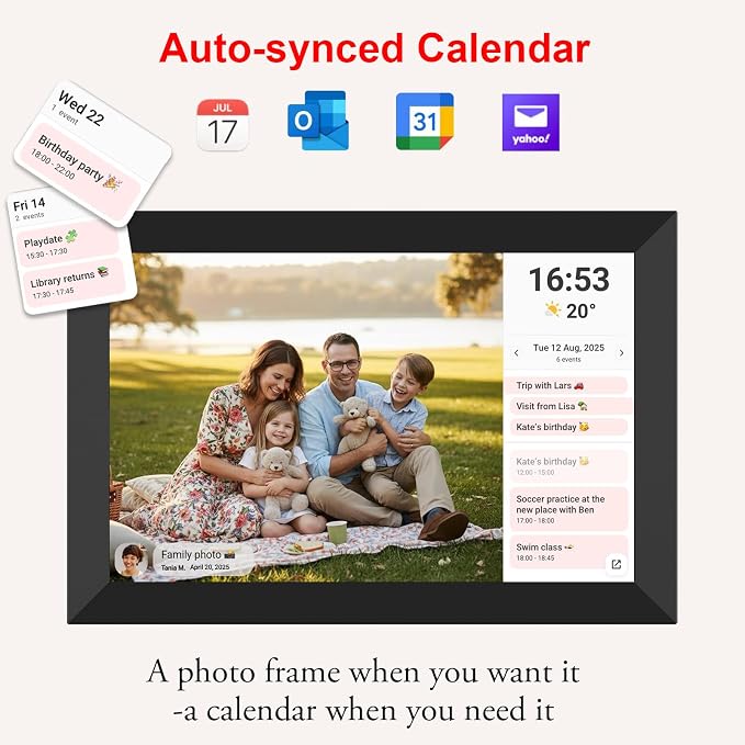 Frameo 10.1 Inch WiFi Digital Photo Frame with Calendar, 32GB Digital Picture Frame with 1280x800 IPS HD Touch Screen, Auto-Rotate Wall Mount, Easy Share Photos/Videos from Phone - Gifts for Mom