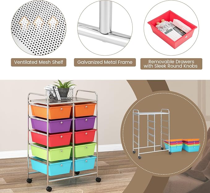 RELAX4LIFE Rolling Storage Cart with 10 Drawers - Craft Storage Cart with Lockable Wheels,Utility Cart, Art Cart Organizer for Crafting Storage, Studio, Office, Home, School Rolling Drawer Cart