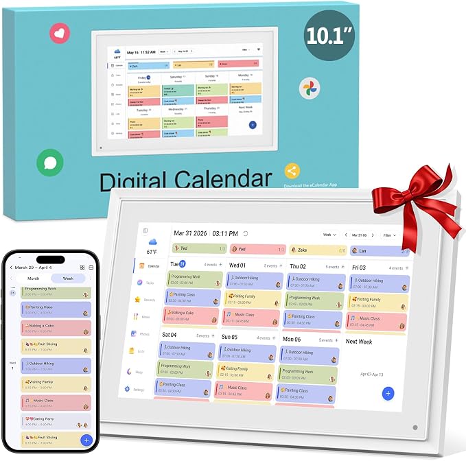 Smart Digital Calendar,10.1"HD Touchscreen Electronic Desk Calendar & Chore Chart, Touchscreen Interactive Display for Family Schedules with Meal Planner & Picture Frame & Lists