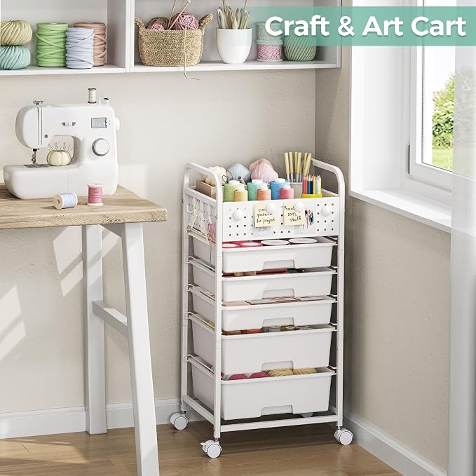 5 Drawer Rolling Storage Cart with Pegboard Top and Hooks, White | Mobile Utility Organizer with Wheels for Office Supplies, Craft Storage, Classroom Organization, Home Storage Cart