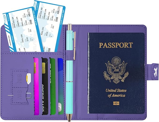 Passport Holder, Cute Travel Wallet Cover with RFID Blocking,Purple | PU leather travel wallet with magnetic closure, card slots, pen loop, and easy access for passports and essentials.