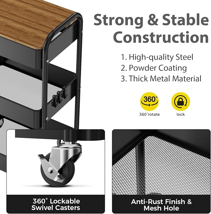 3-Tier Rolling Cart with Table Top, Metal Utility Cart on Wheels | Sturdy Storage Organizer Cart with Lockable Wheels&Hooks for Craft, Office, Classroom, Kitchen and Bathroom, Black