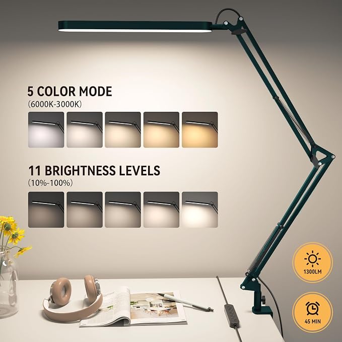 Desk Lamp - LED Desk Light - 5 Color Modes X 11 Brightness Levels - Adjustable Swing Arm - Timmer & Memory Function - 12W Lamp for Desk - Green