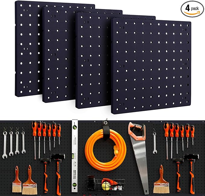 4Pcs Peg Board, Black Pegboard Wall Organizer Panels Wall Mount, ABS Pegboard for Craft Room Garage Kitchen Workshop, ABS Peg Boards Easy Installation