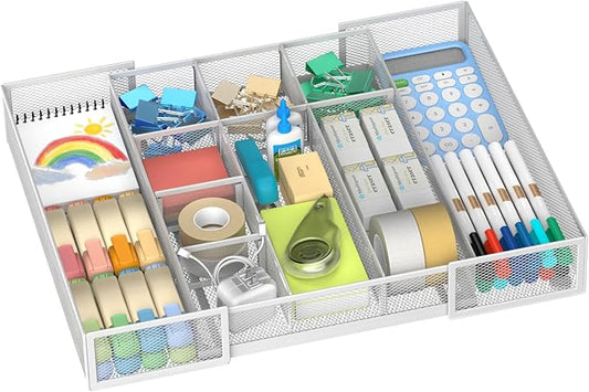 Expandable Desk Drawer Organizer Tray with 10 Adjustable Compartments, Metal Mesh Office Drawer Organizer, Versatile Desk Organizer for Home, School Supplies, Makeup Vanity & Jewelry (White)