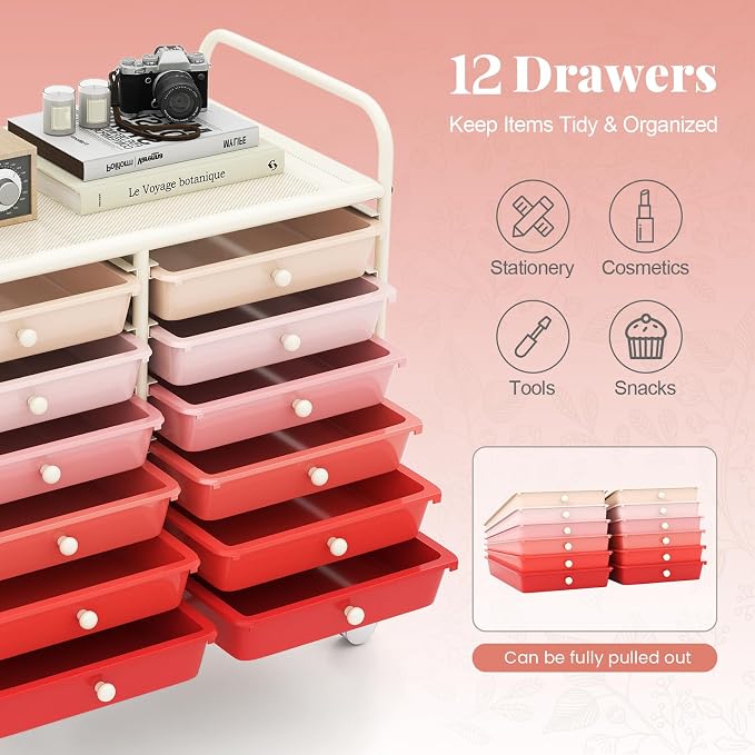RELAX4LIFE 12-Drawer Rolling Storage Cart - Mobile Utility Cart on Wheels for School Classroom Teacher Office Salon, Paper File Art Supply Craft Organizer, Rolling Cart with Drawers (Gradient Pink)