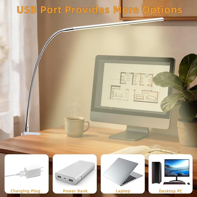 Space Aluminum LED Desk Lamp with Clamp Reading Study Desk Light | Clip on Light for 3 Modes 10 Brightness Flexible Gooseneck with USB Adapter Table Lamp for Home Office Computer Nail Work
