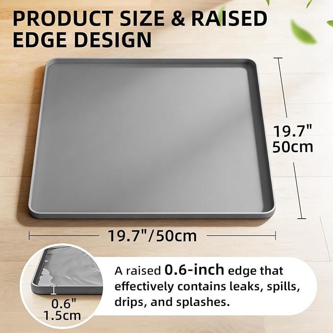Water Cooler Mat 19.7x19.7 Inch - Soft Silicone Mat with Raised Edges, Waterproof Silicone Tray to Prevent Leak & Floor Damage, Anti-Slip Pad for Mini Fridge, Humidifier, Ice Maker, Gray