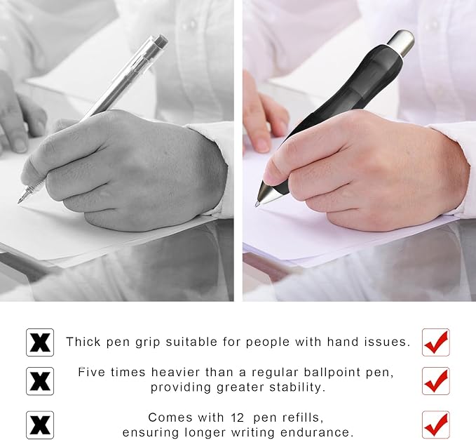 14pcs Big Fat Pens Aids Writing - 2 Pens + 6 Black Refills + 6 Blue Refills for Tremor, Arthritis, Parkinson, Handicap, Carpal Tunnel
